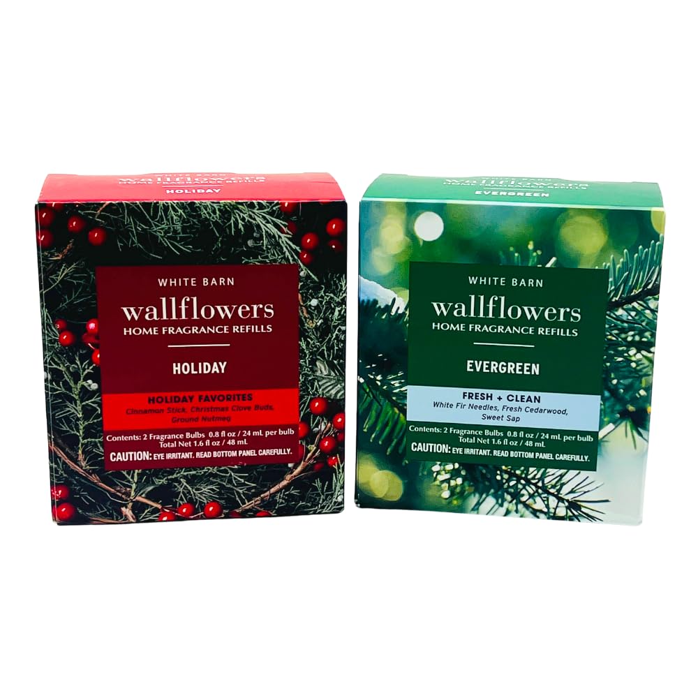 Bath & Body Works HOLIDAY & EVERGREEN Wallflowers Home Fragrance Refill 2pc Bundle Gift Set with 30-Inch Metallic Silver Ribbon Bow – Winter & Christmas Scents - 0.8 fl oz Each