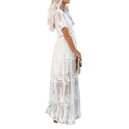 Womens Deep V Neck Short Sleeve Floral Lace Dress Long Bridesmaid Maxi Dresses