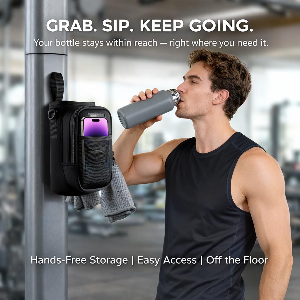 Magnetic Water Bottle Holder for Steel Gym Equipment, Hands-Free Bottle & Phone Carry for Training Sessions, Fits 24–40 oz Bottles, Neoprene Crossbody Carrier Bag