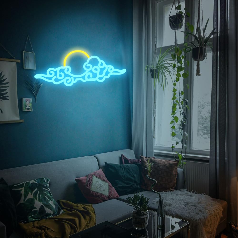 Sunset Sunrise Neon Sign Dimmable anime cloud Led Signs for Wall Decor Room Decor Bedroom Anime-themed for Men cave Office Bar Birthday Party Christmas(Ice Blue Orange)