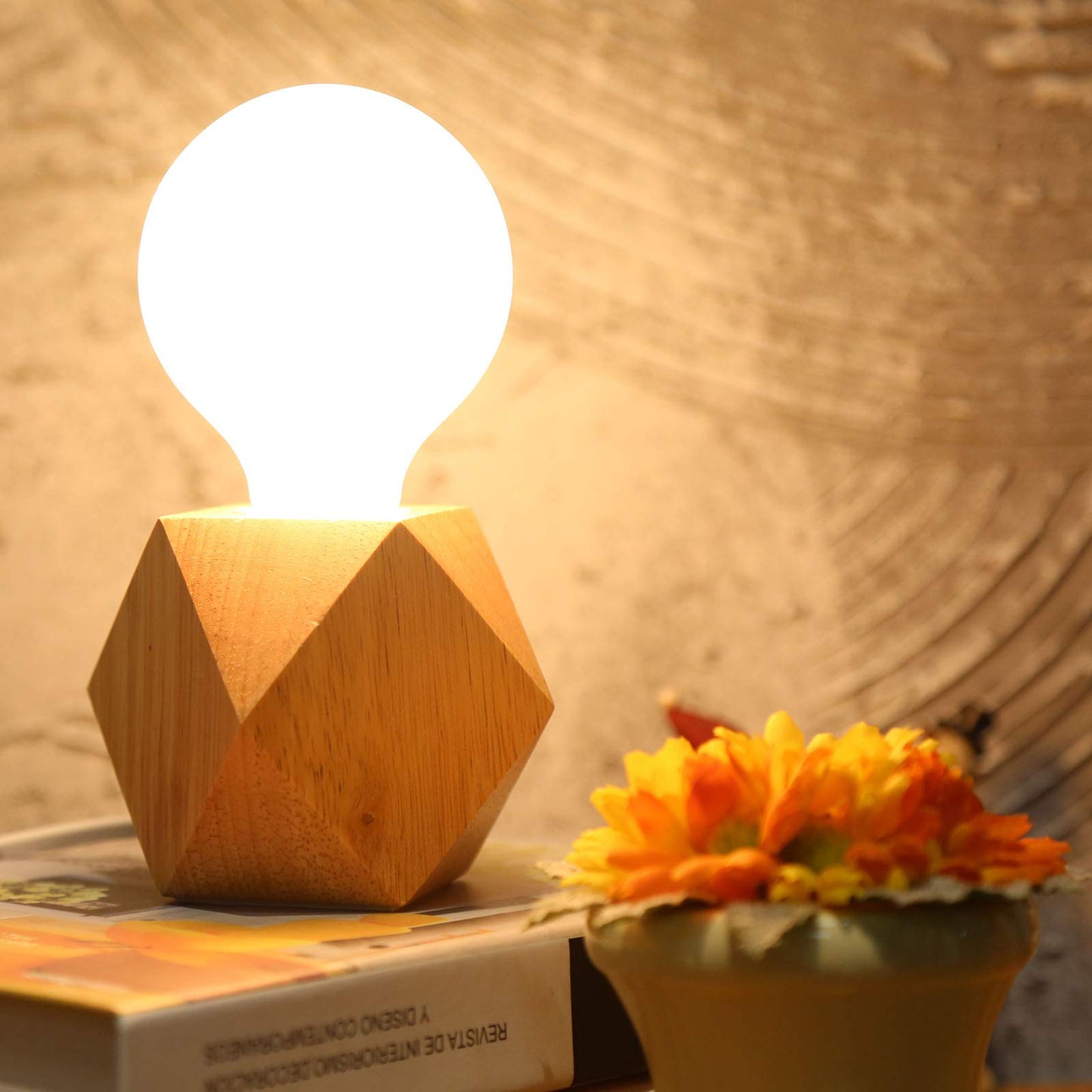 OuXean Small Wood Table Lamp, Bedside Lamp with Diamond Wooden Base E26 60W Industrial Night Light Boho Deco for Bedroom, Living Room or Office(No Bulb)
