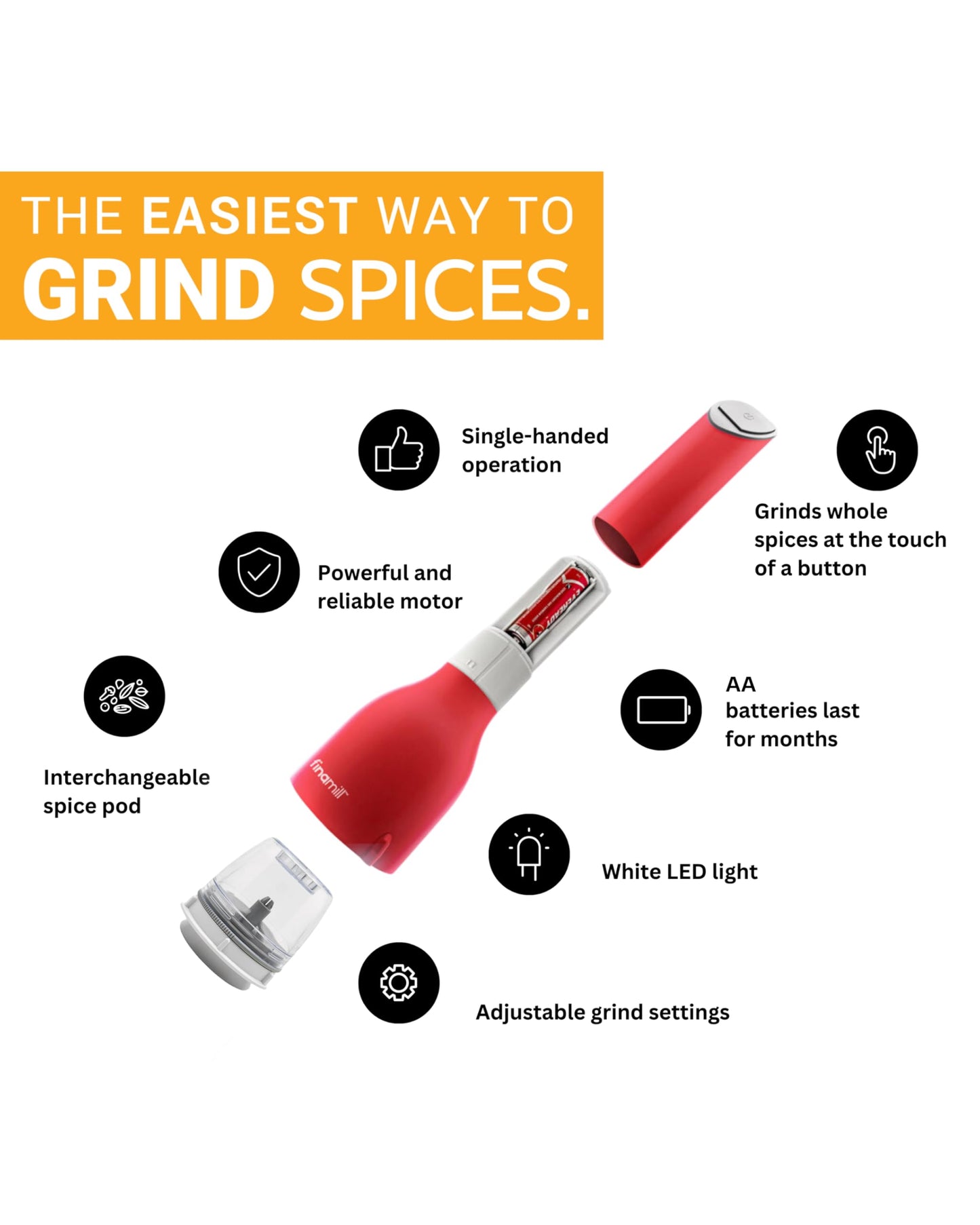FinaMill Classic Battery-Operated Spice Mill Bundle with Black Trio Stackable Tray – One-Handed Grinder with Interchangeable Pods with Adjustable Coarseness - Valentines Day Gifts for Food Lovers