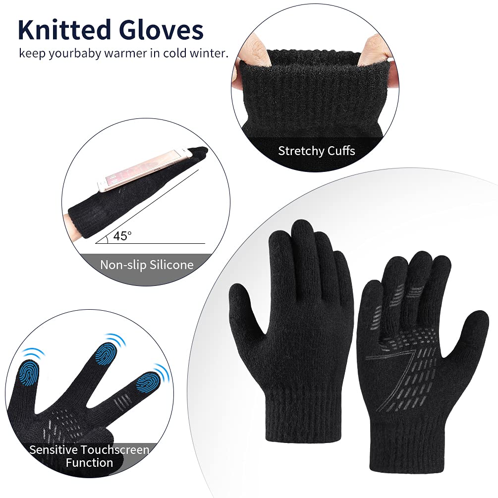 Kids Winter Hat Scarf Gloves Set - Warm Thermal Knitted Beanie Cap Snood Neck Warmer Touchscreen Anti-slip Mitten Outdoor Sports Soft Fleece Lining Elastic for Children Boys Girls Black Aged 5-10