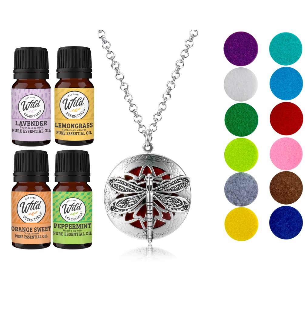 Wild Essentials Dragonfly Necklace Essential Oil Diffuser Kit with Lavender, Lemongrass, Peppermint, Orange Oils, 12 Refill Pads, Calming Aromatherapy Gift Set, Customizable Color Changing, Perfume