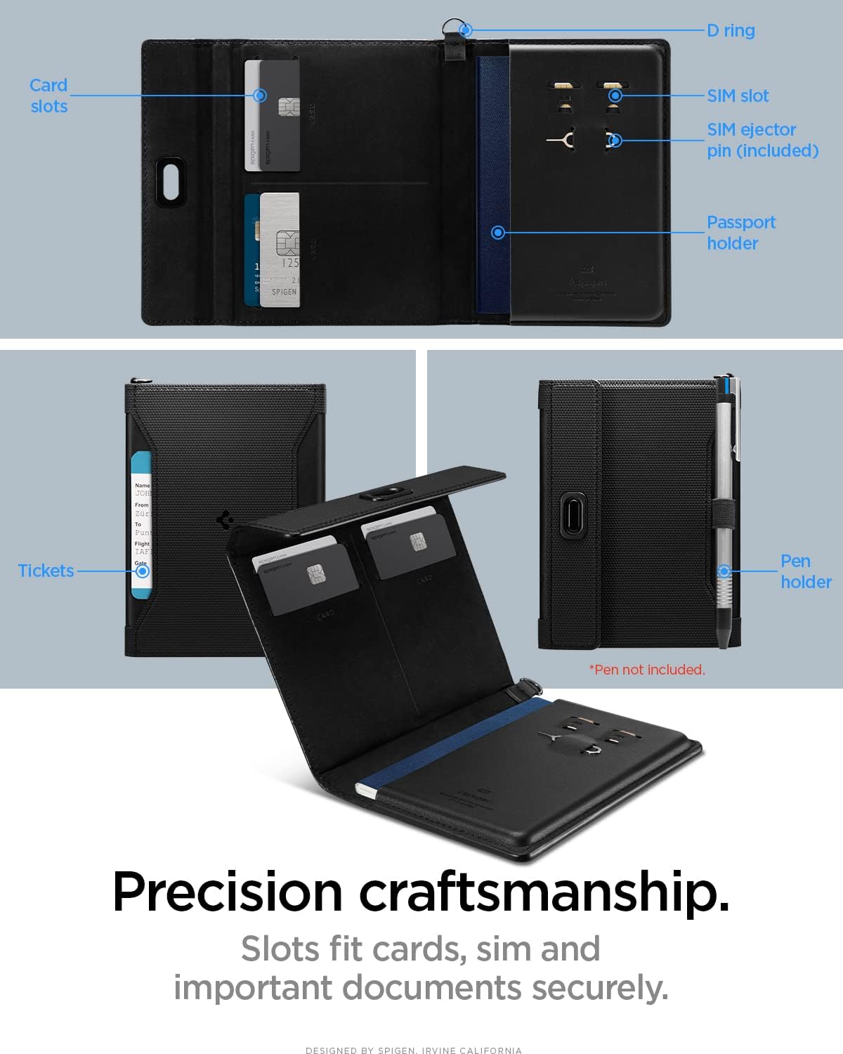 Spigen Passport Holder Travel Wallet, Passport Cover with RFID Signal Blocking Compatible with Most Passport Sizes - Black