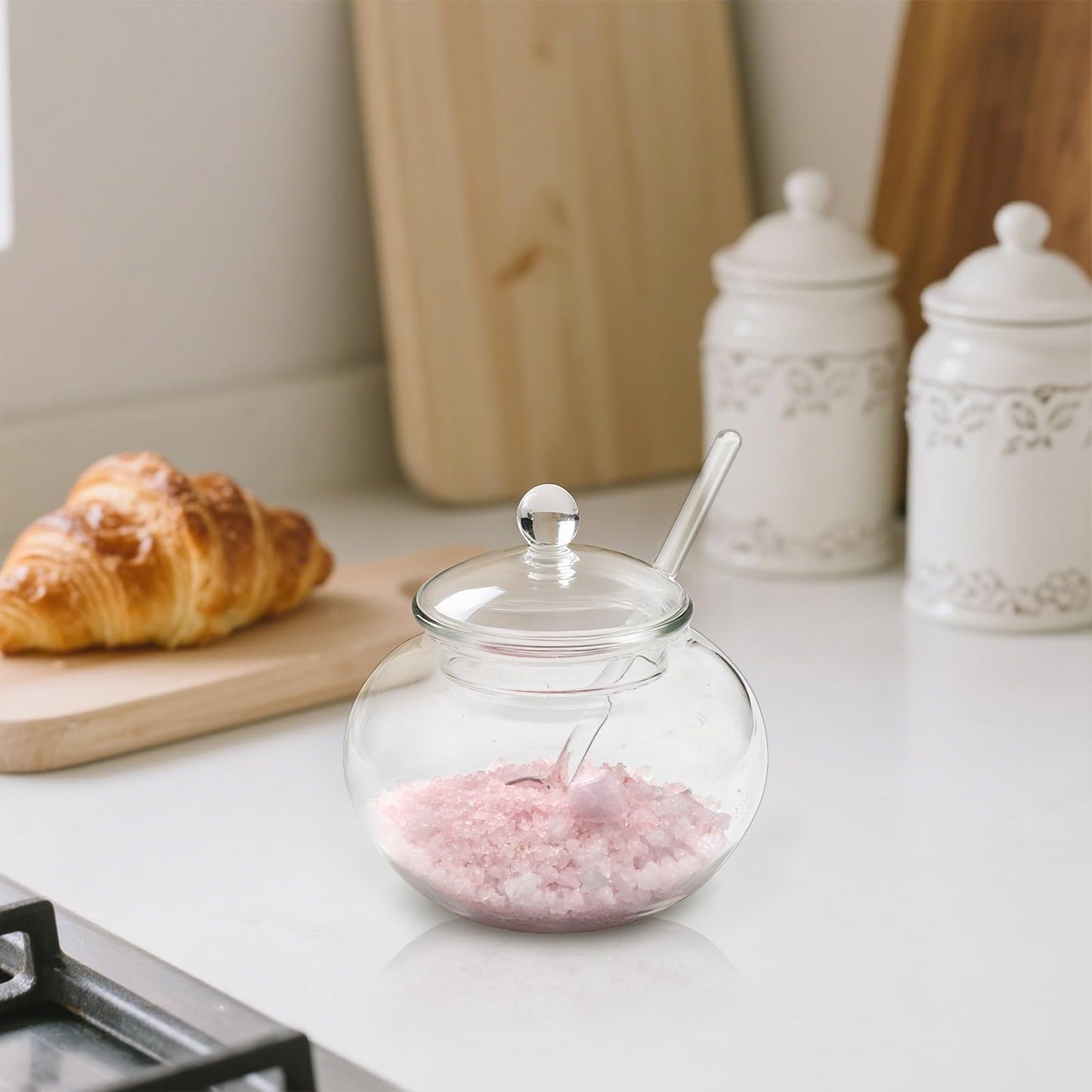 Frcctre Set of 2 Glass Sugar Bowl with Spoon and Lid, 11 Ounces Small Clear Salt Spice Pepper Seasoning Jar Condiment Container for Home Kitchen Coffee Bar