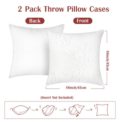 Lewondr Christmas Throw Pillow Cover, 2 Pack Snowflake Embroidery Decorative Throw Pillow Case Linen Sofa Cushion Cover for Party Thanksgiving Day Xmas Decor 18"x18"(45x45cm) - White