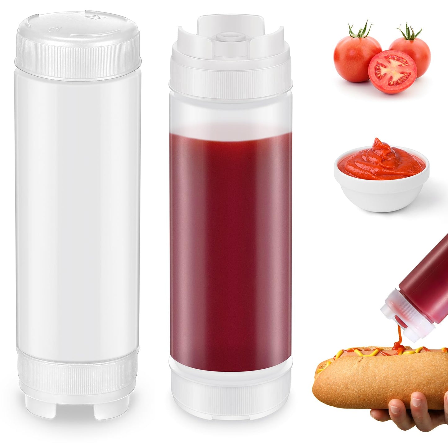 Didaey 2 Pcs 20 oz Inverted Plastic Squeeze Bottles, Refillable Tip Large Valve Dispenser Condiment Squeeze Bottle for Sauces Ketchup Sour Cream Self Sealing Syrup Dispenser for Restaurants (White)