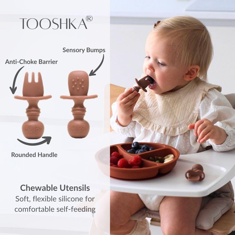 Tooshka® Baby Utensil Set (6 pcs) - Self Feeding Spoons - Silicone & BPA Free - Baby-Led Weaning (BLW) Supplies - Ages 6+ Months - Set of 6 - Brown, Green, & Yellow