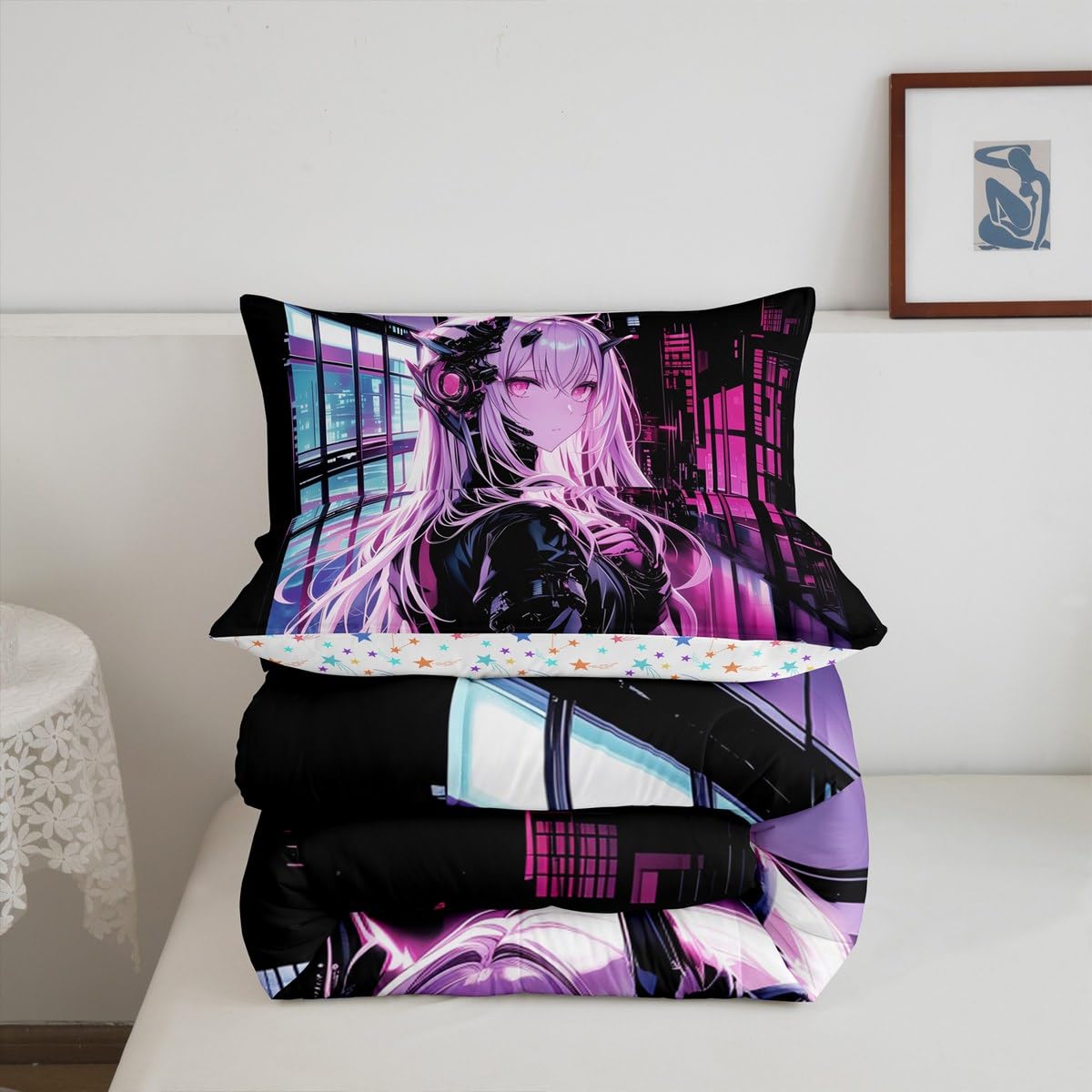 Erosebridal Japanese Anime Bedding Set Twin Size, Anime Girl Comforter Set Kawaii Japanese Style Duvet Insert Cartoon Japan Animation Quilt for Boys Teens Adult Women Bedroom Decor