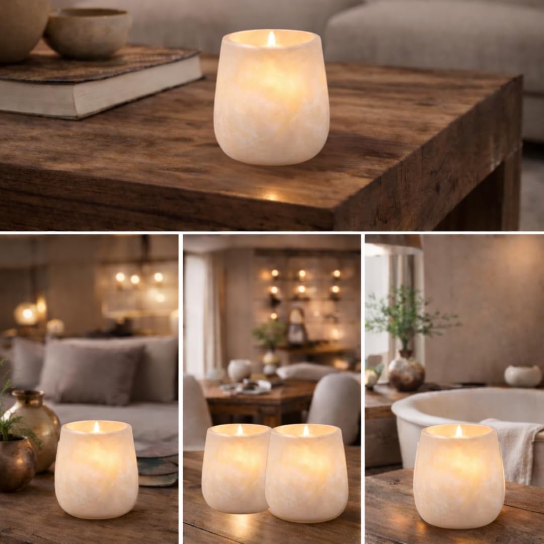 Single White Alabaster Candle Holder - Egyptian Tealight and Votive Candles Holders with Amber Glow for Home Décor - Natural Stone Soothing Tranquil