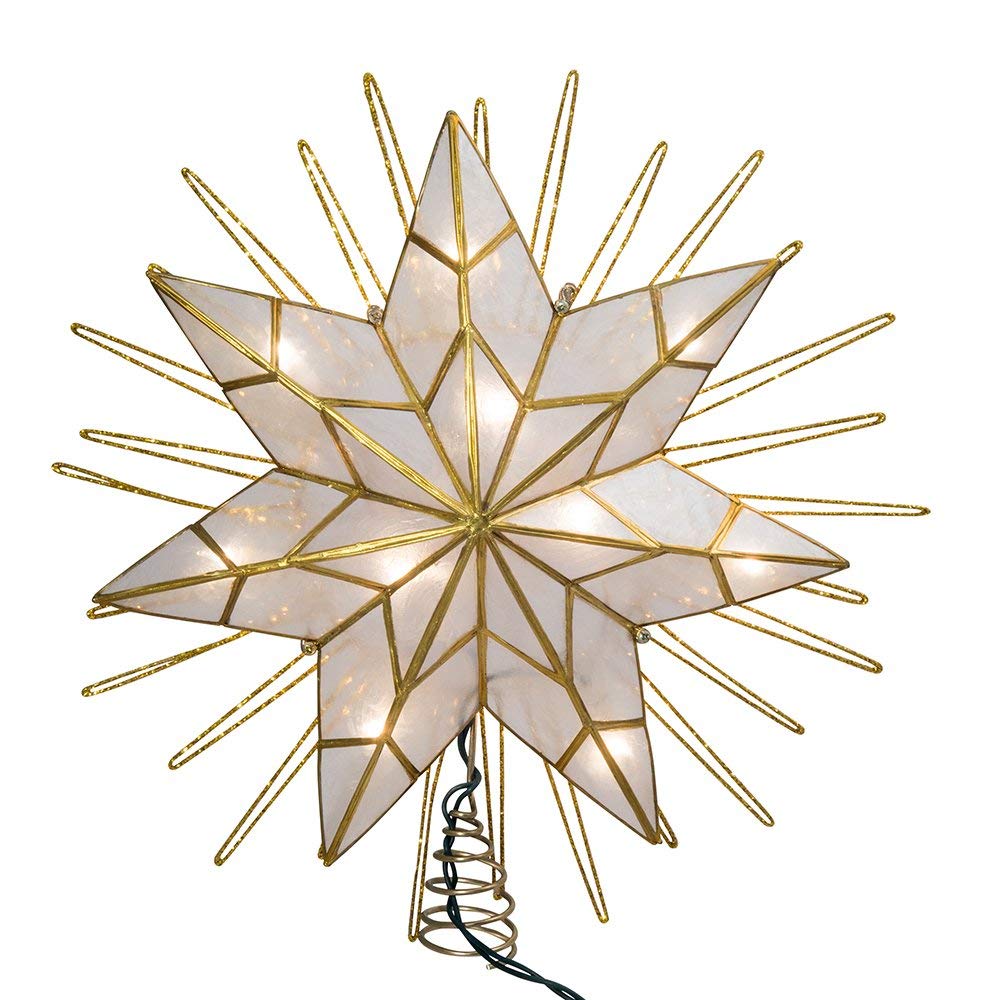 Kurt Adler 12" 7-Point Natural Capiz Lighted Tree Topper | Christmas Tree Star Topper | Gold Tree Topper Star with Lights | Light Up Star Christmas Tree Topper w/Wire Rays Accent (12 Inches, Gold)