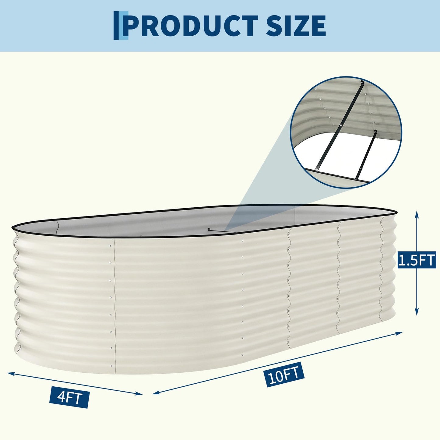 Garvee 10x4x1.5ft Galvanized Raised Garden Bed, Oval Metal Planter Box with Anti-Cut Safety Edges, 449 Gallons Rust-Resistant Deep Root Planter for Outdoor Vegetables, Flowers, Herbs, Beige