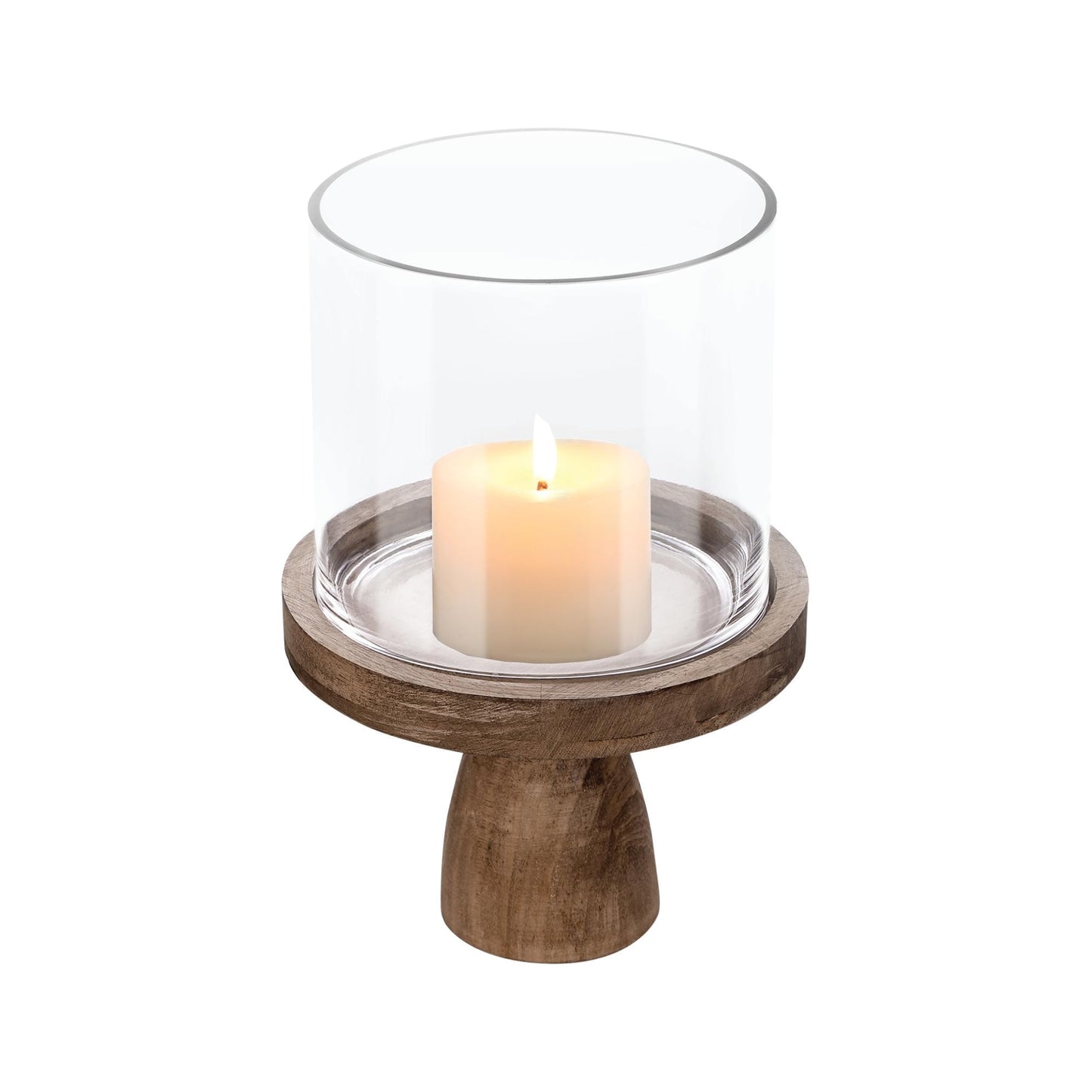 9" Wide Farmhouse Glass Hurricane Candle Holder & Glass Vase with Vintage Natural Sturdy Solid Wooden Base for Pillar & Flower Arrangement, Terrarium, Centerpiece, Console Table, Dining Table, Mantel