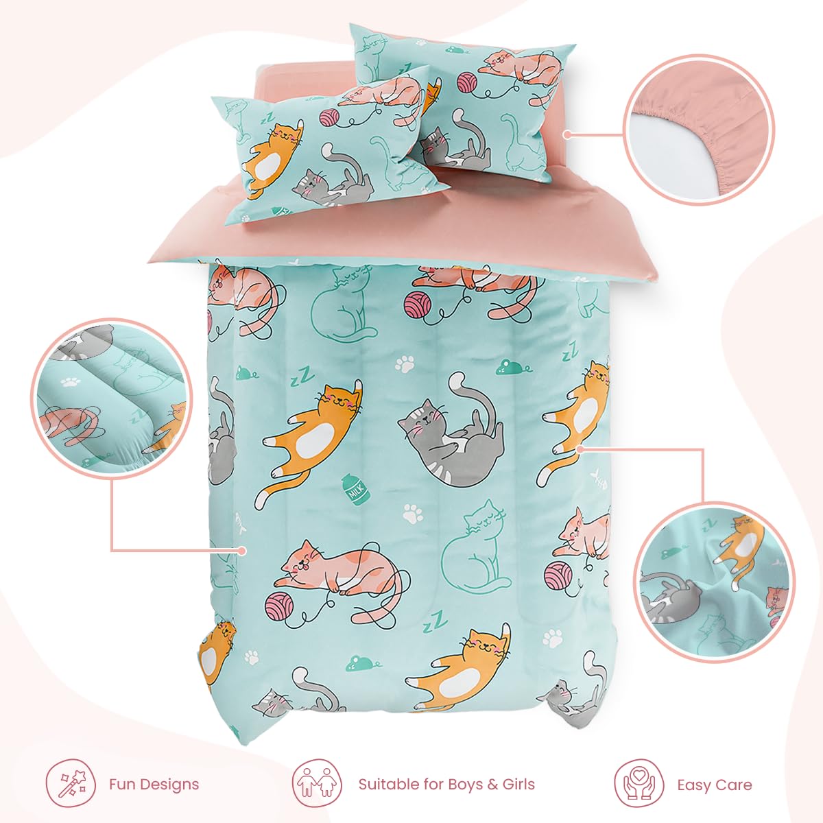 SANDJEST Cat Comforter Set Twin for Girls, Ultra Soft Microfiber Bedding Sets with 3-Pieces, Cats Comforters Bed Sets for Kids Children Girl Bedroom Decor
