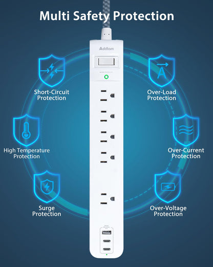 2 Pack Power Strip Surge Protector - 5 Widely Spaced Outlets 3 USB Charging Ports, 1875W/15A with 5Ft Braided Extension Cord, Flat Plug, Overload Surge Protection, Wall Mount for Home Office,White