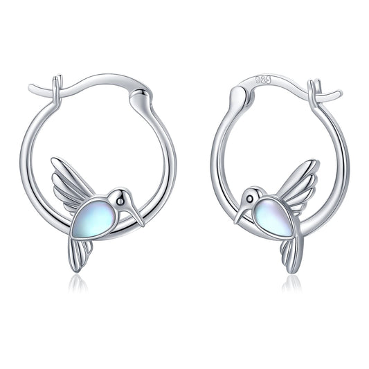 Sterling Silver Hummingbird Huggie Hoop for Women Hummingbird Moonstone Earrings Jewlery Graduation Gifts for Women Daughter Her Sensitive Ears