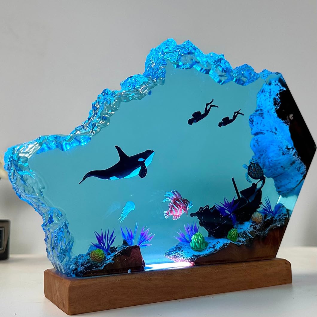 VISIOLEX Resin Ocean Lamp, Resin Wooden Lamp, Table Lamp, Night Lamp, Resin Lamp, Ocean Lamp, Tabletop Art Decoration, Handmade Bedside Wooden Table Resin Lamp, Bedroom Decoration (6 * 4in)
