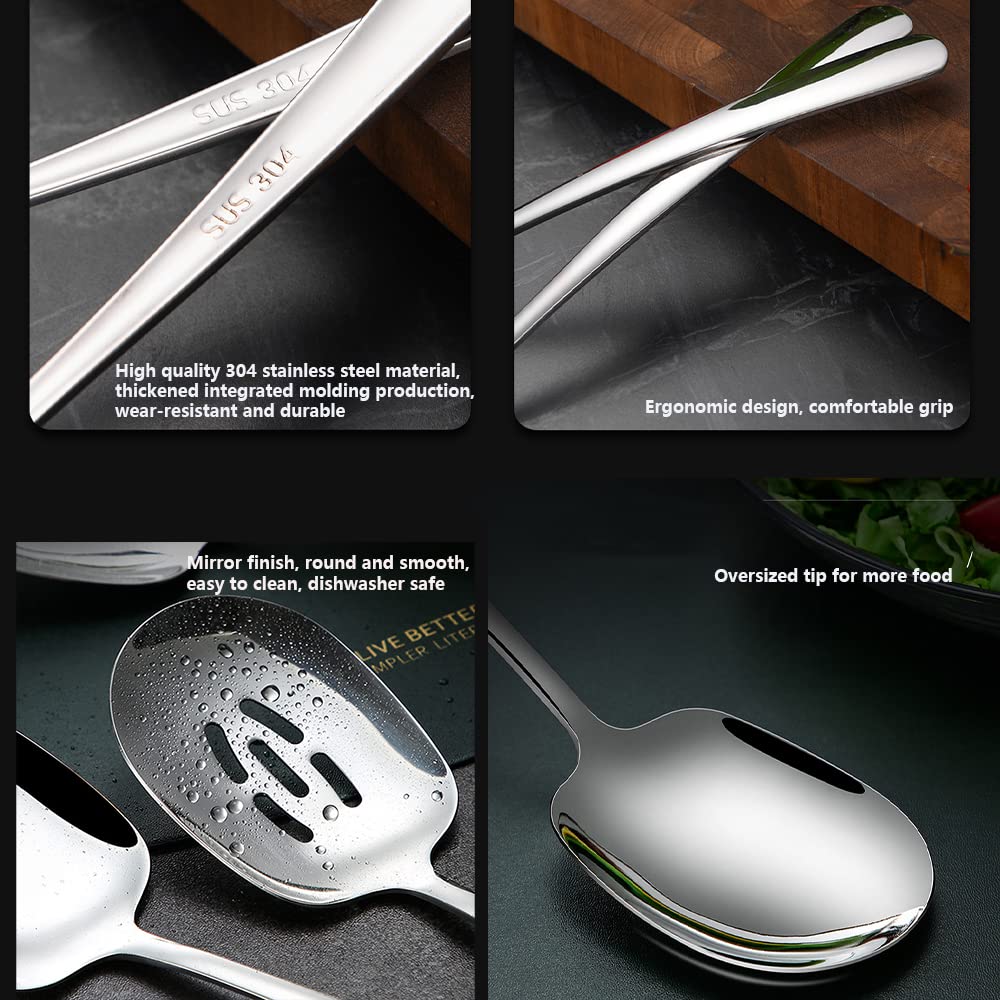 SIAIQIANG Extra Large Serving Spoons Set,18/8 Stainless Steel Slotted Spoon and Serving Spoon,9.8 Inch Buffet Spoons Set,Tabletop Flatware Utensil (2pack)