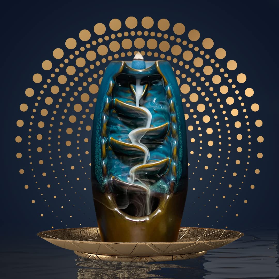 Inscents Waterfall AS-SEEN-ON-TV Ceramic Incense Holder Cone Burner with Backflow Design Ornament Home Decor Aromatherapy for Spa Office Bedroom Yoga +100pcs Essential Oil Dipped Scented Incense Cones