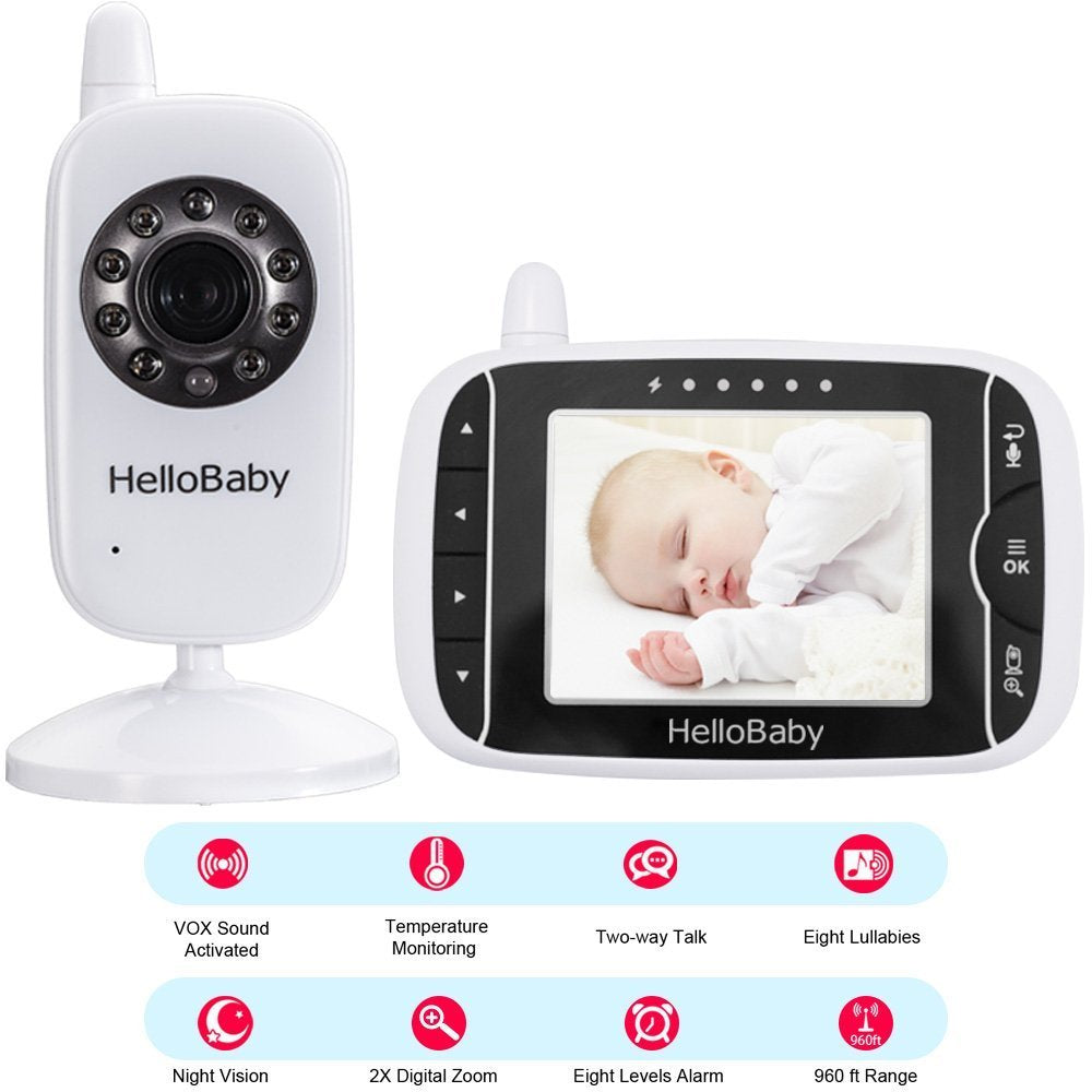 HelloBaby Wireless Video Baby monitor with Camera and Night Vision, 3.2 Inch Screen Night Vision Temperature Monitoring & 2 Way Talkback System Lullabies UK Interface Plug (HB32)