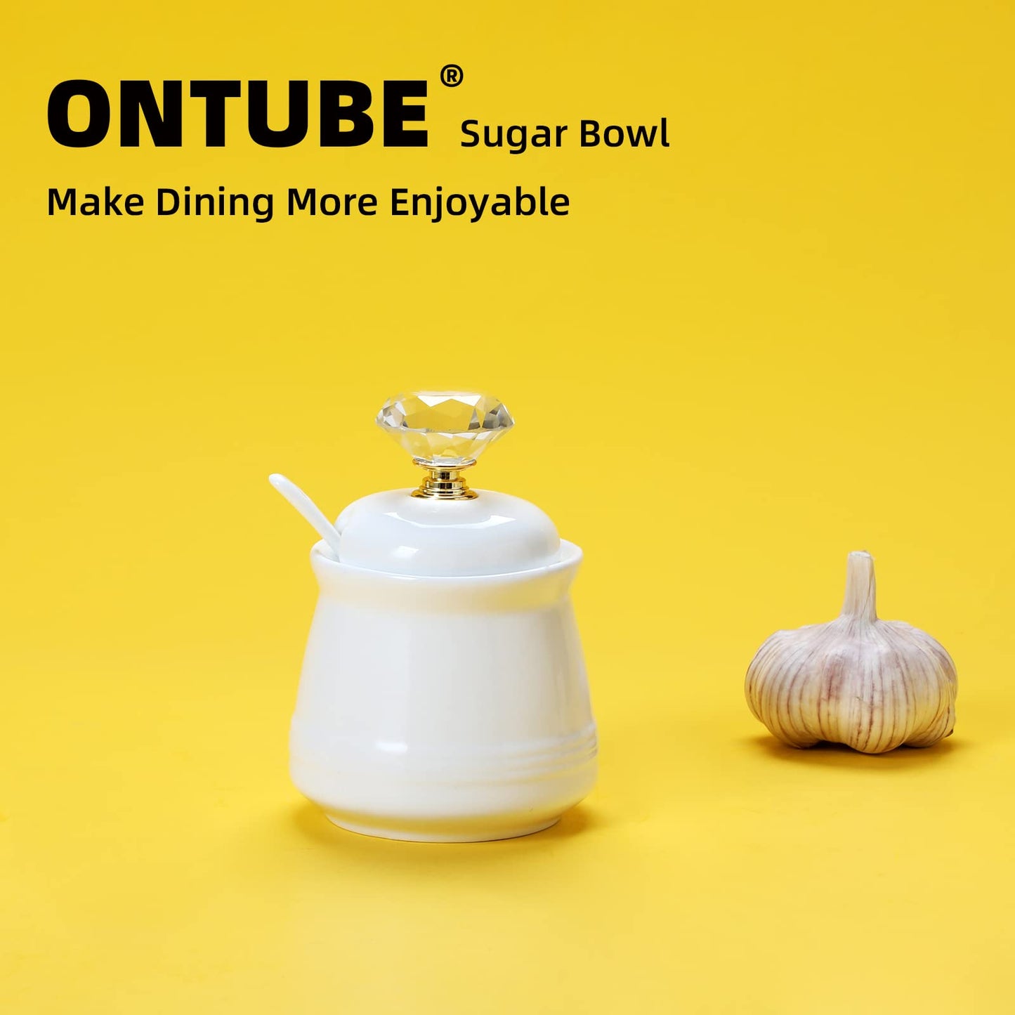 ONTUBE Ceramics Sugar Bowl with Crystal Lid and Spoon 12oz, Gold