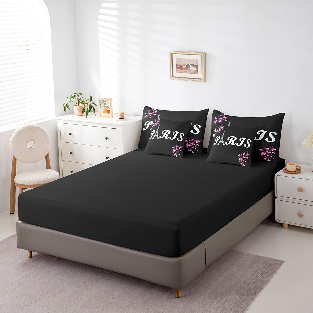 Erosebridal Paris Comforter Set 7 Piece Bed in a Bag Twin,Eiffel Tower of France Bedding Sets Romantic City Building Comforter and Sheet Set,Pink Flowers Bed Set