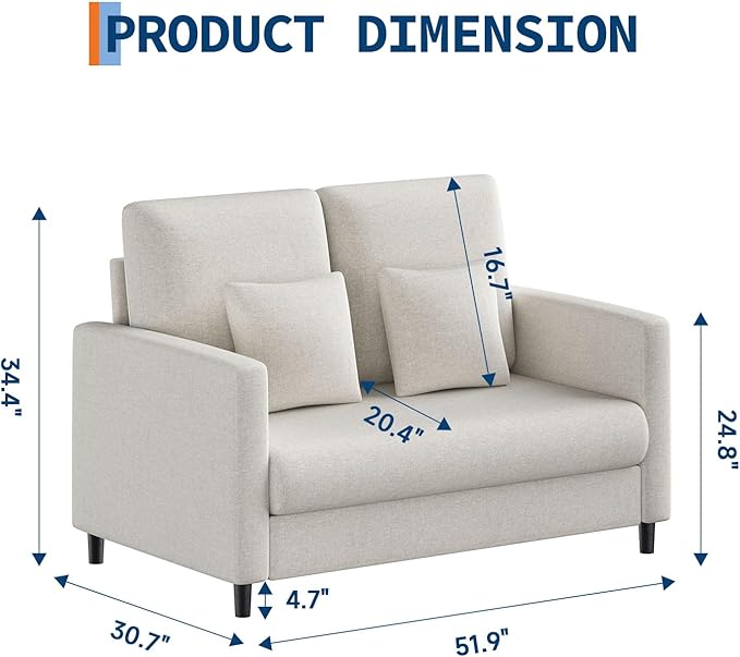 52 Inch Mid Century Modern Loveseat Couch, Compact Accent Sofa
