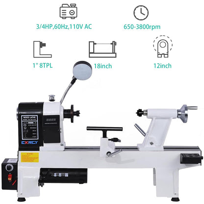 CXRCY 12" x 18" Wood Lathe, Powerful Benchtop Wood Lathe Machine 3/4 HP Infinitely Variable Speed 650-3800 RPM with Lathe Belt & Goggle for Woodworking, Woodturning (Model:WL460-12VF)