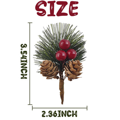 TIHOOD 25PCS Artificial Pine Picks, Pine Needles Branches with Red Berry Stems, Small Fake Berries Pinecones Branches for Crafts Christmas Tree DIY Garland Holiday Wreath