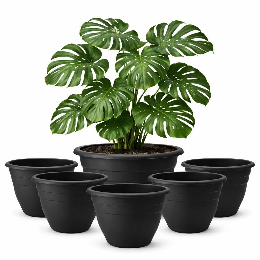 RooTrimmer 16 Inch Plant Pots Indoor Outdoor,6 Pack Black Plastic Planters with Drainage Holes,Large Lightweight Flower Pots for Indoor Outdoor Plants,Patio Garden Containers