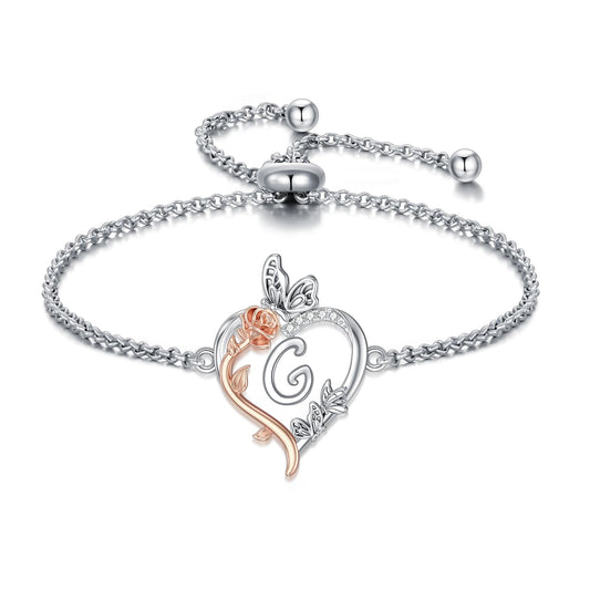 TOUPOP Rose Heart Bracelet for Women Sterling Silver Heart Initial G Letter Bracelet Butterfly Love Jewelry Anniversary Birthday Mothers Day Gifts for Mom Wife Her Girlfriend
