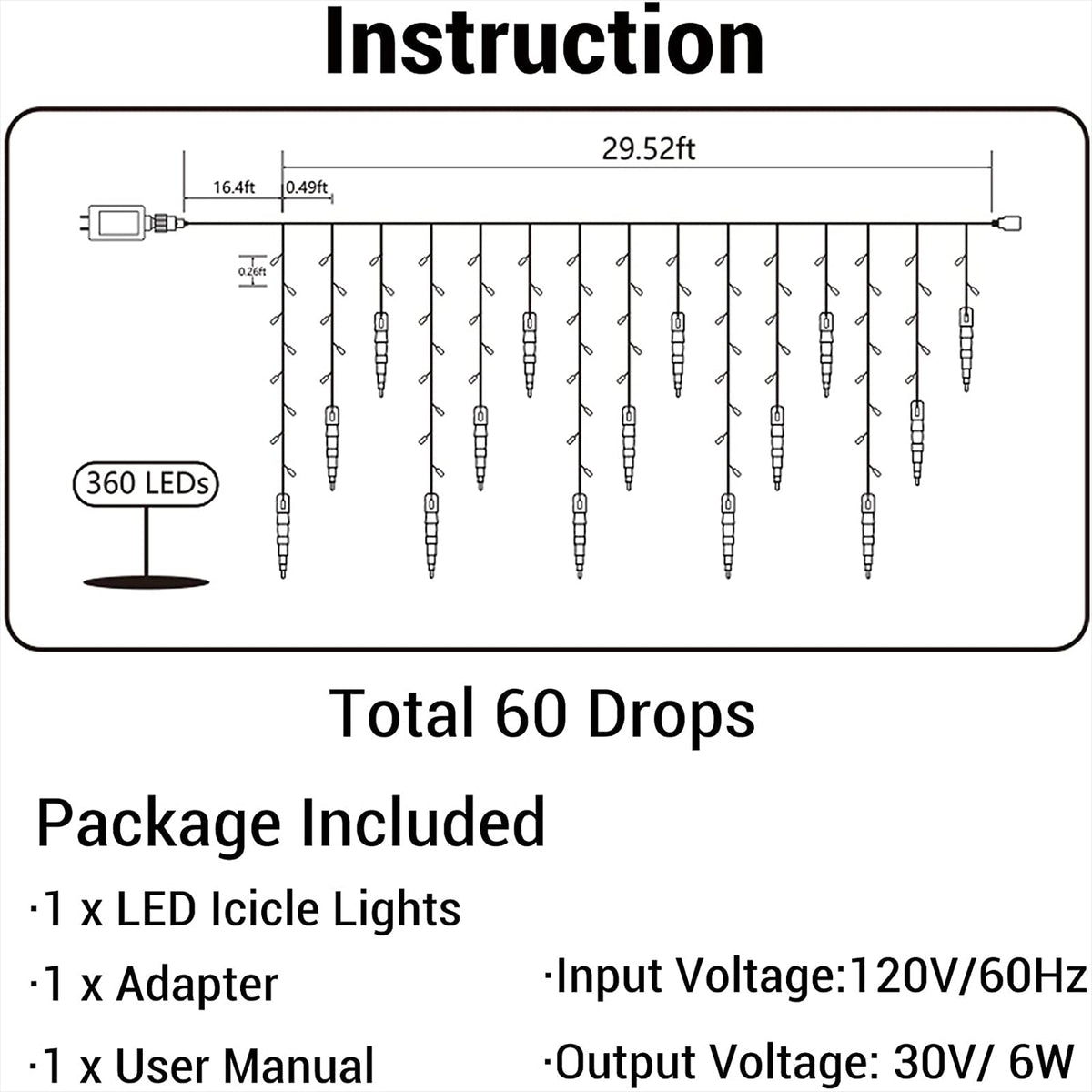 Icicle Christmas Lights, 29.5ft 360 LED Connectable Icicle String Lights with 60 Drops, Window Curtain Fairy Light with 8 Modes, Christmas Fairy Twinkle Light for Garden Eave Xmas Decor (Warm White)