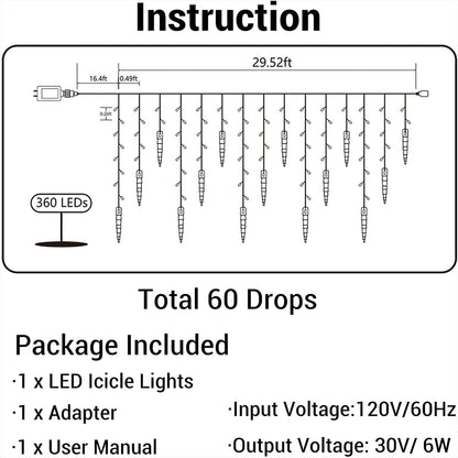 Icicle Christmas Lights, 29.5ft 360 LED Connectable Icicle String Lights with 60 Drops, Window Curtain Fairy Light with 8 Modes, Christmas Fairy Twinkle Light for Garden Eave Xmas Decor (Warm White)