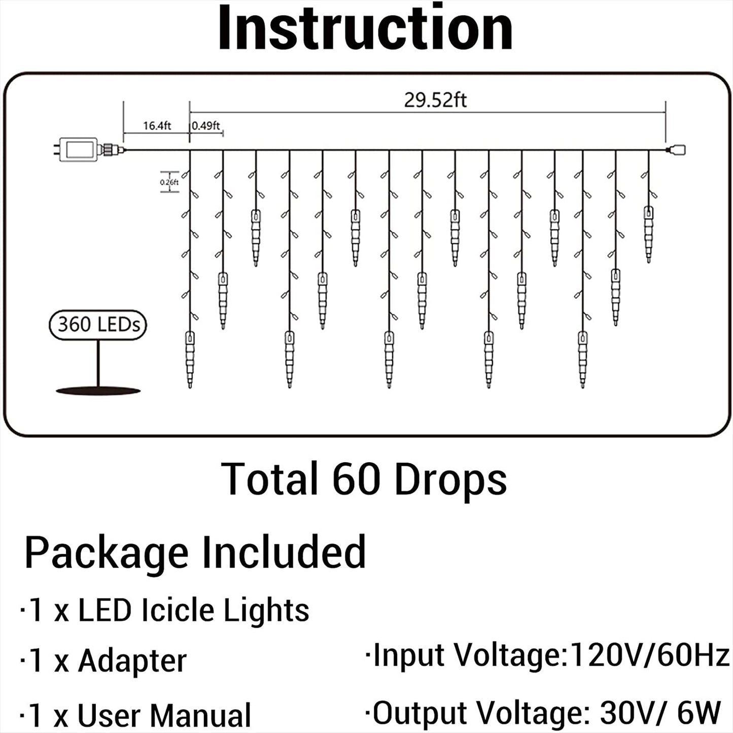 Icicle Christmas Lights, 29.5ft 360 LED Connectable Icicle String Lights with 60 Drops, Window Curtain Fairy Light with 8 Modes, Christmas Fairy Twinkle Light for Garden Eave Xmas Decor (Warm White)
