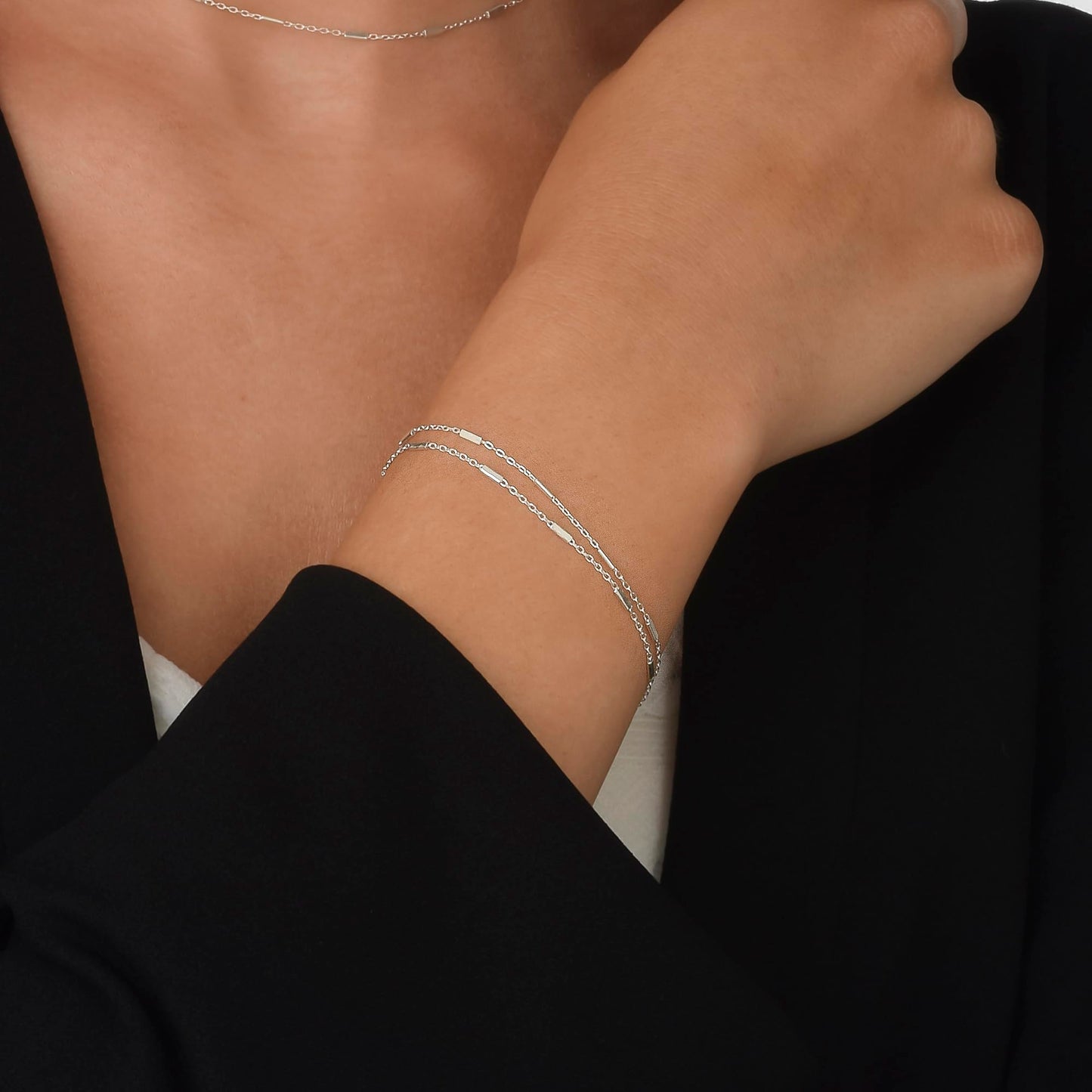 Annika Bella 925 Sterling Silver Double Layered Bracelet, Length 6.5-7.5 Inches, Chain Bracelets for Women, Waterproof Minimalist Women's Jewelry (Satellite Bar Chains)