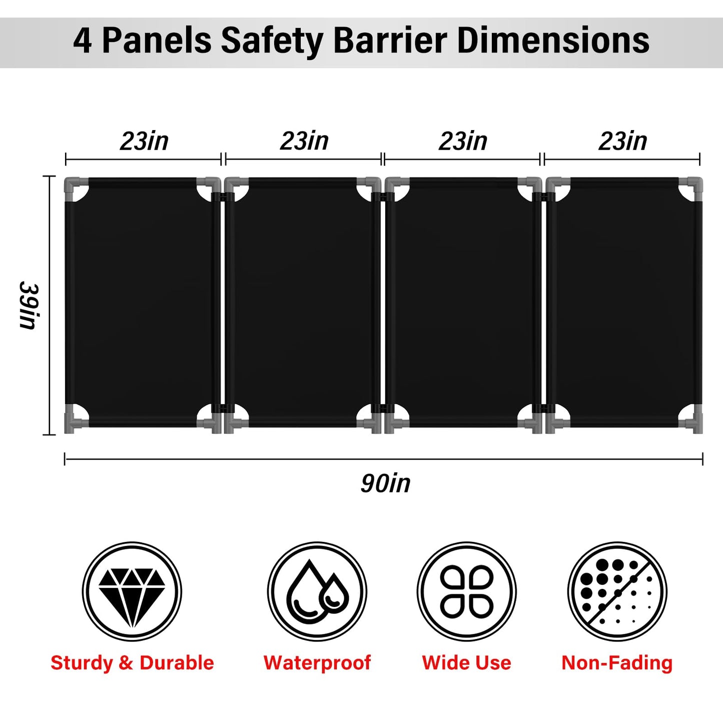 4 Panels Safety Barricade,7.8FT Removable Foldable Security Gates Barrier with Heavy Duty PVC Frame, Black Color Easier to Identify, Crowd Control Restricted Area Pedestrian Barricade Traffic Fence