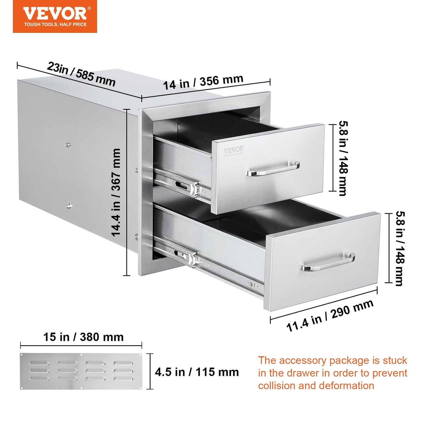 VEVOR Outdoor Kitchen Cabinets 14W x 14.3H x 23D Inch, BBQ Island Drawers Stainless Steel, Flush Mount Double with Handle, BBQ Island for Outdoor Kitchens or Grill Station
