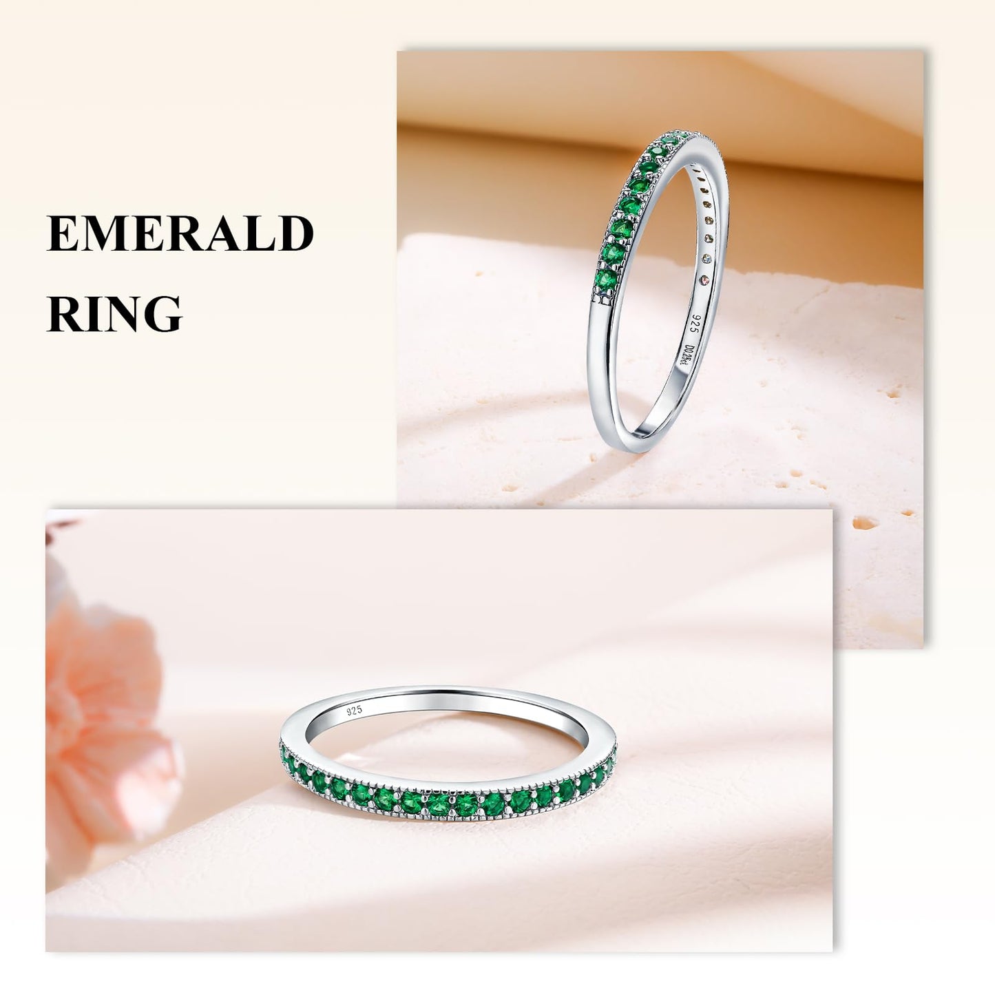 AGRULE Bezel Set Emerald Birthstone Ring 0.3 Cttw Wedding Band for Men Women White Gold Plated Sterling Silver Green Stone Half Eternity Band Rings, Size 9