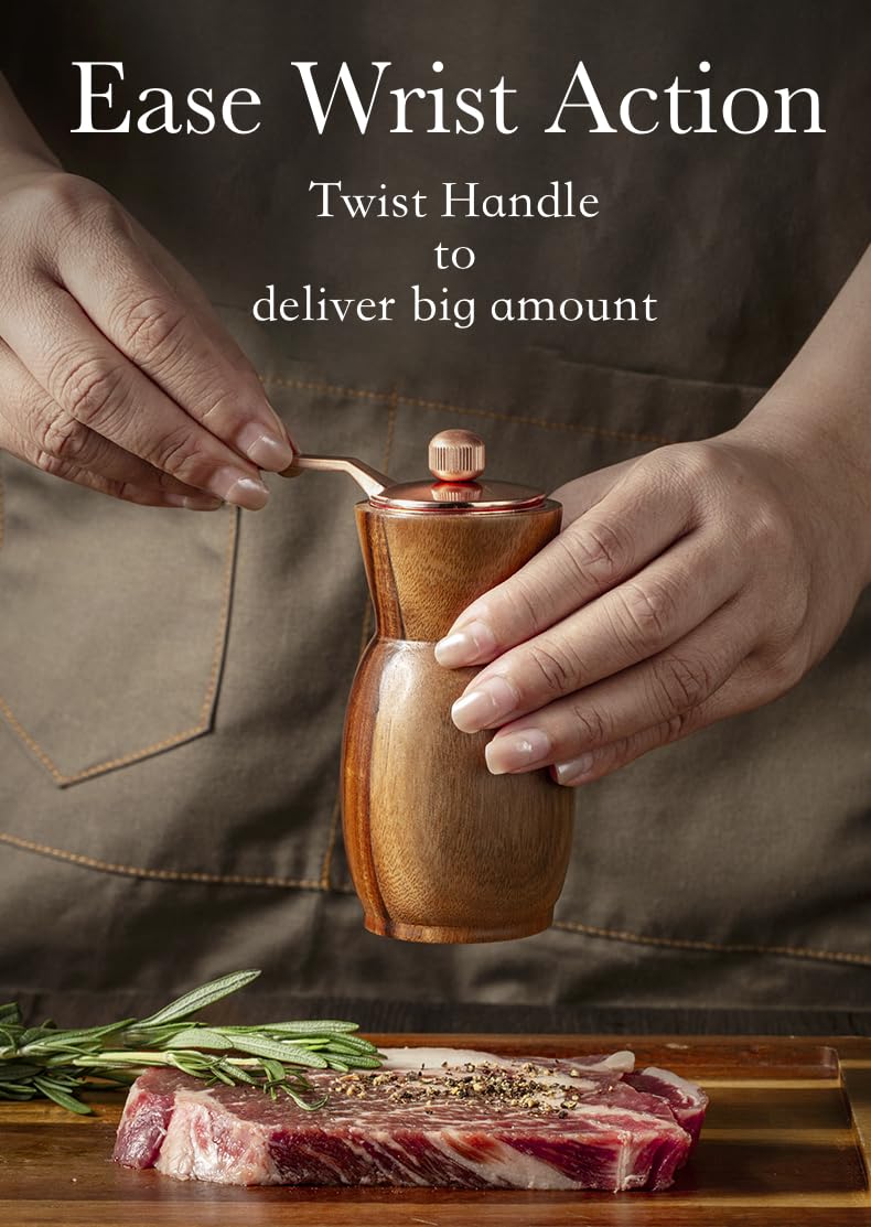 Stelalloy Pepper Grinder Pepper Mill - Salt And Pepper Grinder Set With Holder - Wood Salt and Pepper Shakers - Refillable Manual Spice Mill (3.5" Salt Grinder + 4.5" Pepper Mill)