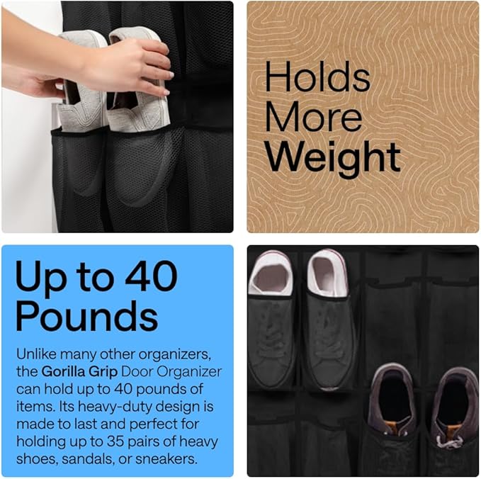 GORILLA GRIP Over the Door Shoe Organizer, 35 Large Breathable Mesh Pockets
