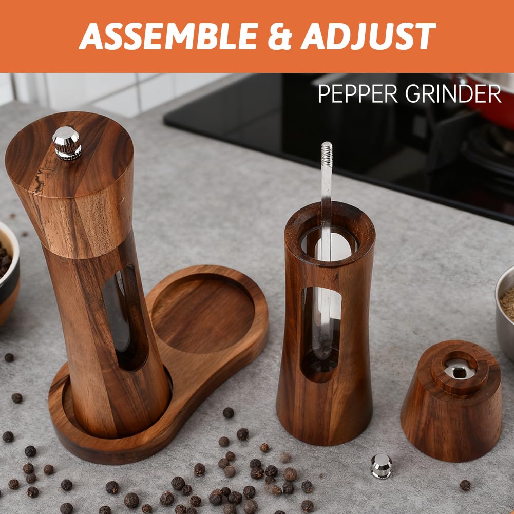 Wooden Salt and Pepper Grinder Set, Manual Spice Mills with Wooden Spoon, Cleaning Brush,Stable Base Plate,8 Inch Refillable Salt and Pepper Mills Adjustable Coarseness