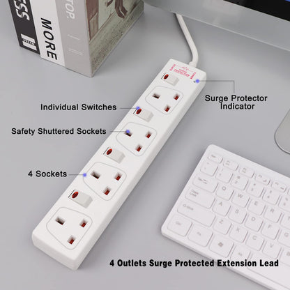 ExtraStar Extension Lead Surge Protection 4 Way Outlets, 13A Power Strip Wall Mounted with Individual Switches, Multi Socket Extension Cable UK Plug for Home and Office (1M, White)
