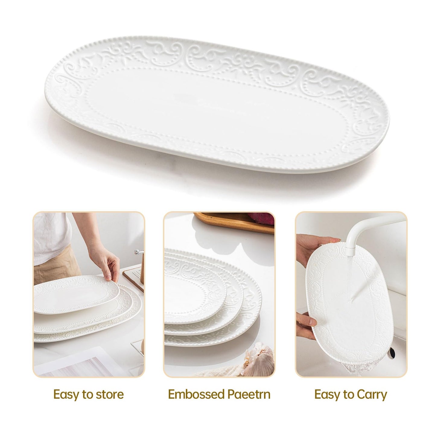 MVYAVYUS Oval Embossed Serving Platter Set, Stackable Serving Tray, Ceramics White Serving Platters for Entertaining, Serving Dishes for Wedding, Dishwasher & Oven Safe, Gift for Housewarming (3PCS)