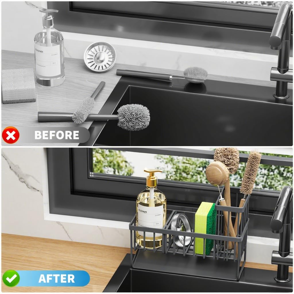 Cisily Kitchen Sink Caddy Organzier with High Brush Holder, Sponge Holder for Sink, 304 Rustproof Stainless, Kitchen Countertop Soap Dispenser Organizer, Kitchen Decor and Accessories
