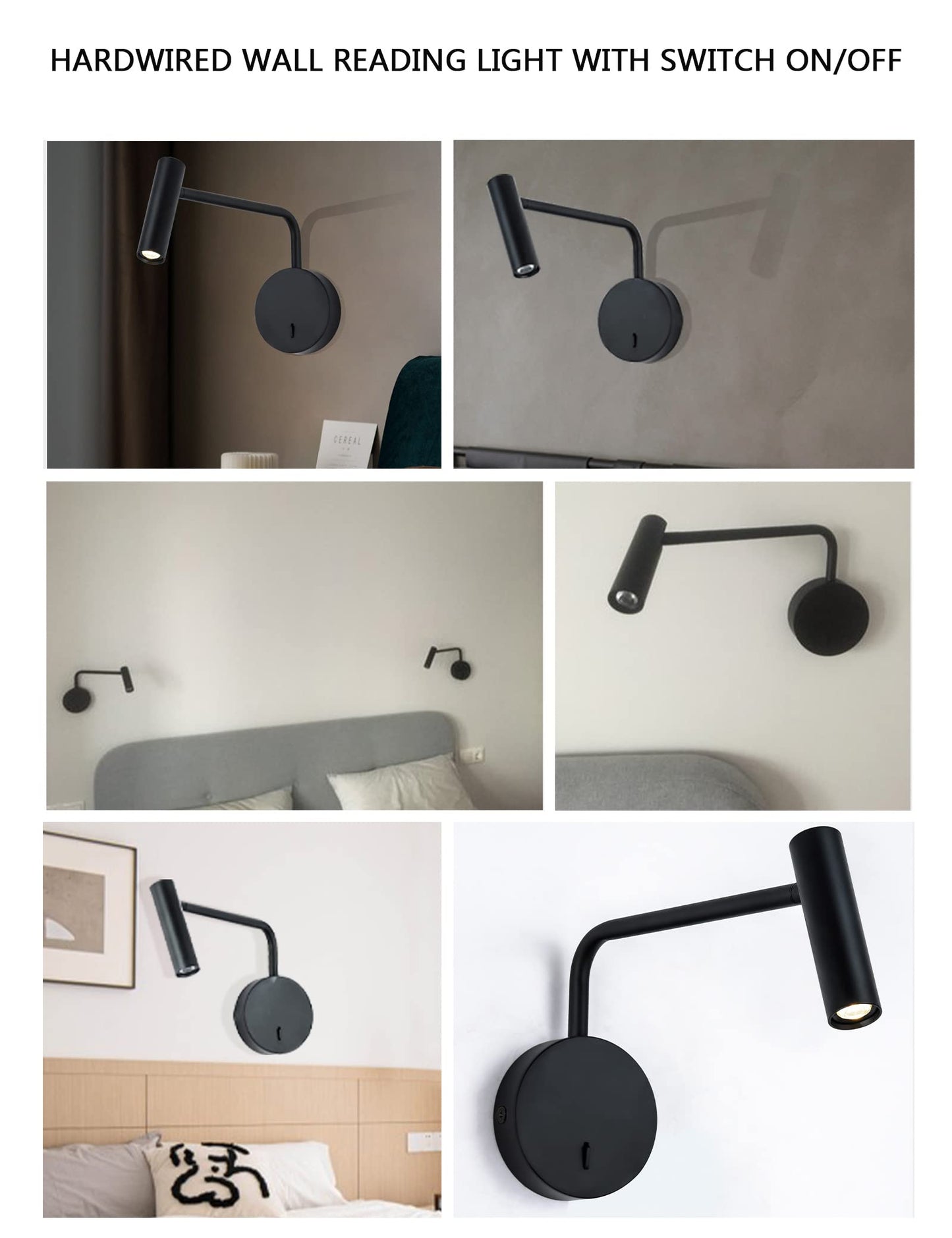 ZEROUNO Wall Mounted Reading Light for Bedroom LED Hardwired Sconce with Switch on/Off Modern 3000K Swing Arm Bedside Wall Mount Lamp (Black)