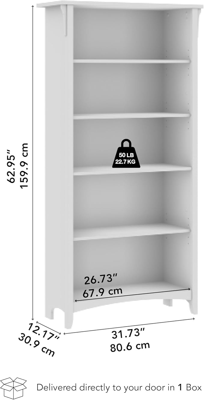 Bush Home Salinas 5 Shelf Bookcase in Cape Cod Gray, Tall Bookshelf, Large Book