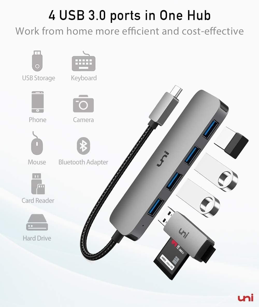 uni USB C Hub, USB Type C to 4-Port USB 3.0 Adapter, [5Gbps, Aluminium, Nylon] Ultra Slim USB Hub USB C to USB, Thunderbolt 3 Data Hub for MacBook Pro/Air iPad Pro XPS Chromebook iPhone15 Pro Galaxy