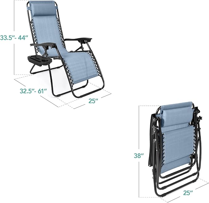 Best Choice Products Set of 2 Adjustable Steel Mesh Zero Gravity Lounge Chair Recliners w/Pillows and Cup Holder Trays - Dusty Blue/Black