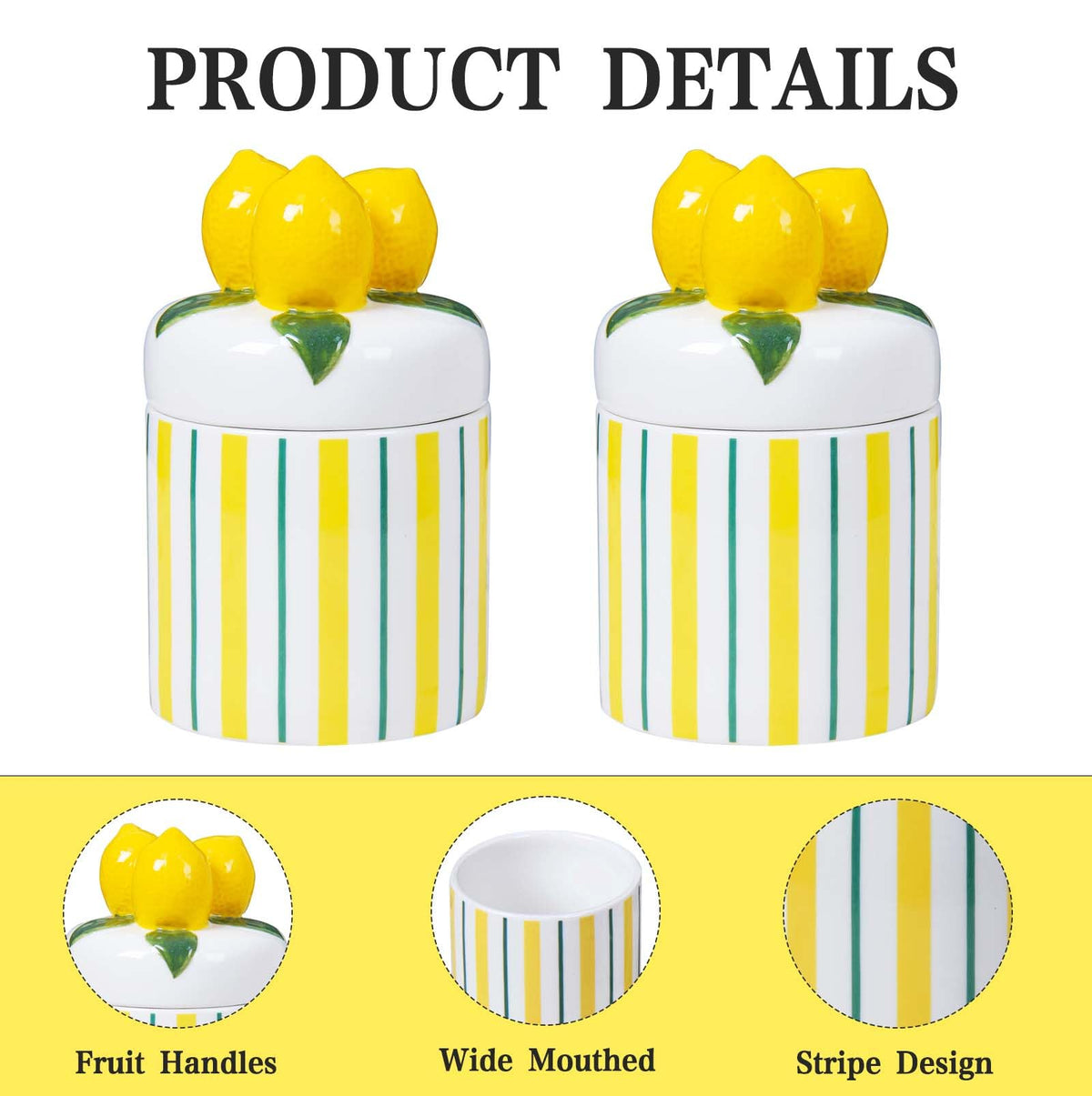 Iryanthos Cookie Jar with Airtight Lid, 16.2 fl oz Personalized Ceramic Food Storage Containers with Lemon-shaped Lid for Kitchen Countertop Decor, For Sugar Tea Coffee Spices Nut Honey - 2 pieces Set